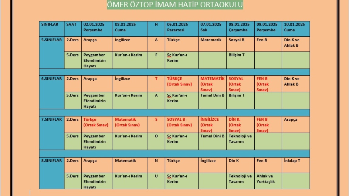 Ortaokul 1. Dönem 2. Sınav Takvimimiz Yayınlandı.